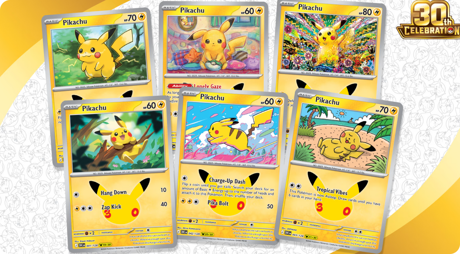 Seis de los 30 Pikachu del set 30th Celebration de Pokémon TCG