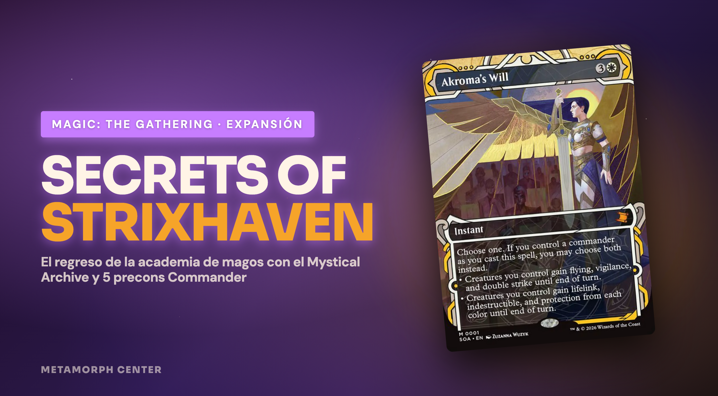 Banner editorial: Secrets of Strixhaven (MTG): guía completa del set, Mystical Archive y mazos Commander