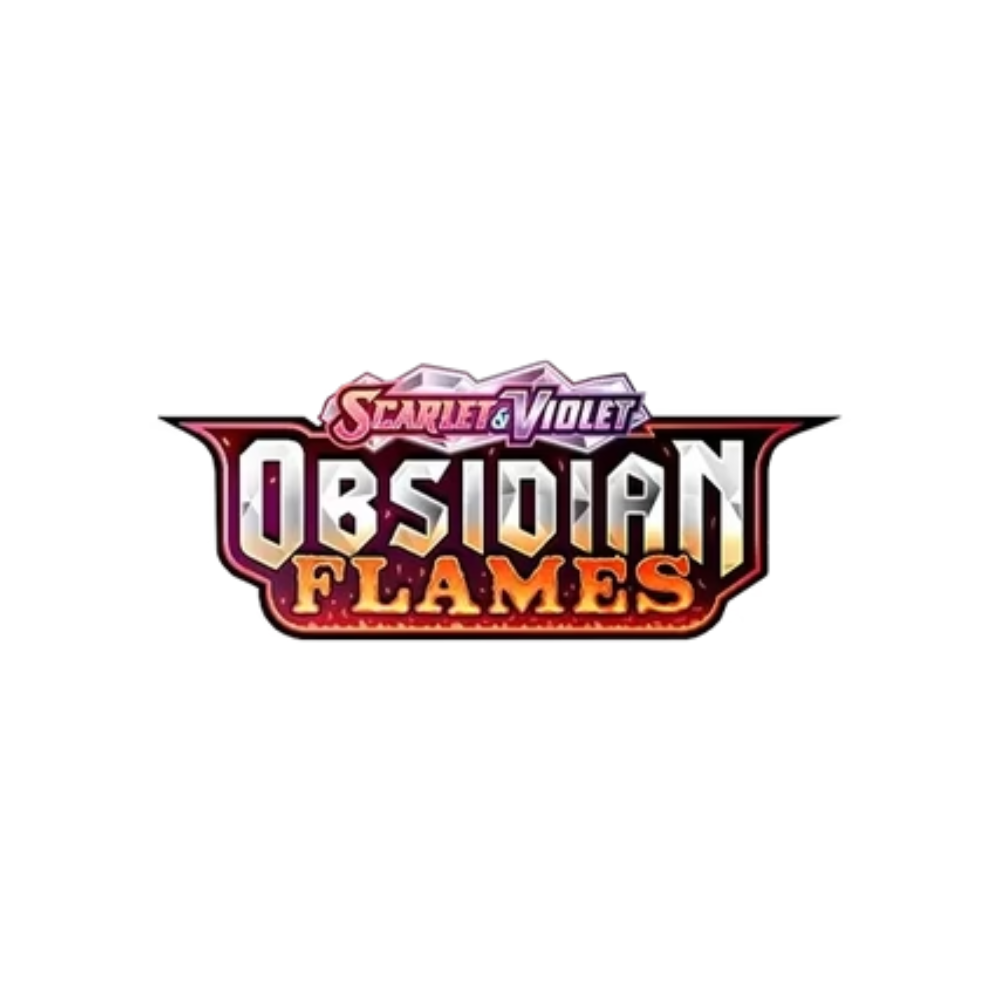 Logotipo de la expansión Obsidian Flames de Pokémon Scarlet y Violet con diseño de llamas y letras destacadas