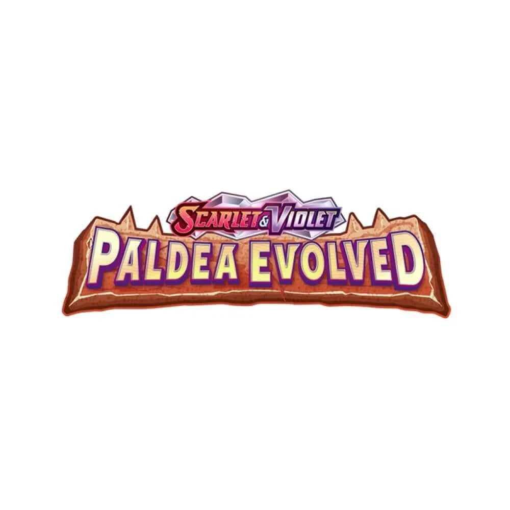 Logo de la expansión Paldea Evolved de Pokémon Scarlet y Violet, destacando su tema y nuevos personajes