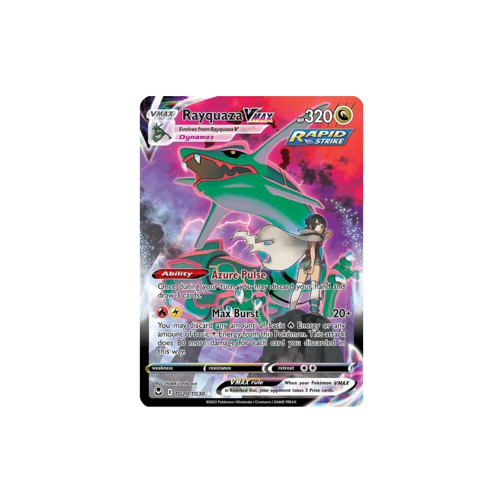 Caja Tempestad Plateada en Español con cartas de Rayquaza VMAX y arte colorido para coleccionistas