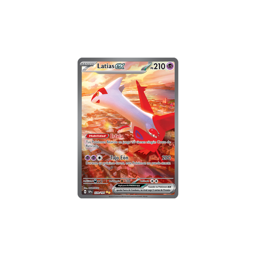 Carta de Pokémon Latias EX con ilustración vibrante y estadísticas destacadas Caja Entrenador de Élite Chispas Fulgurantes en Español