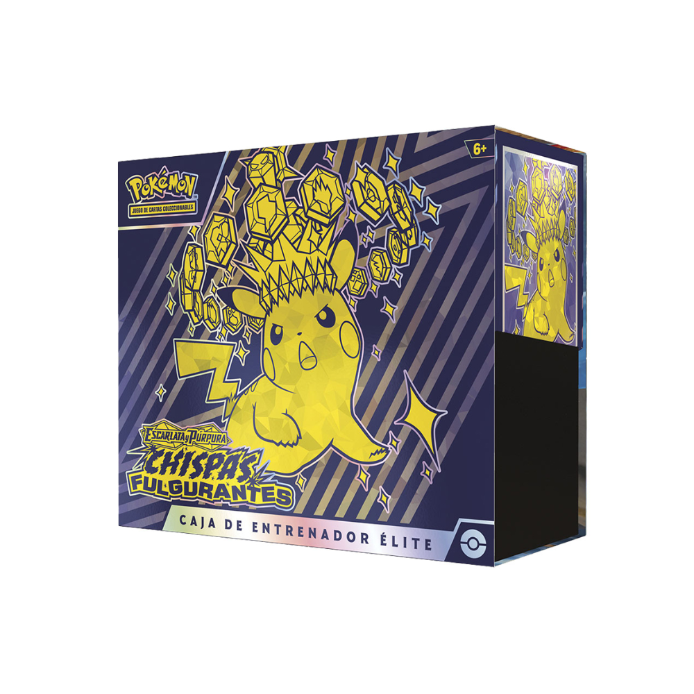Caja Entrenador de Élite Chispas Fulgurantes en Español con diseño colorido de Pikachu