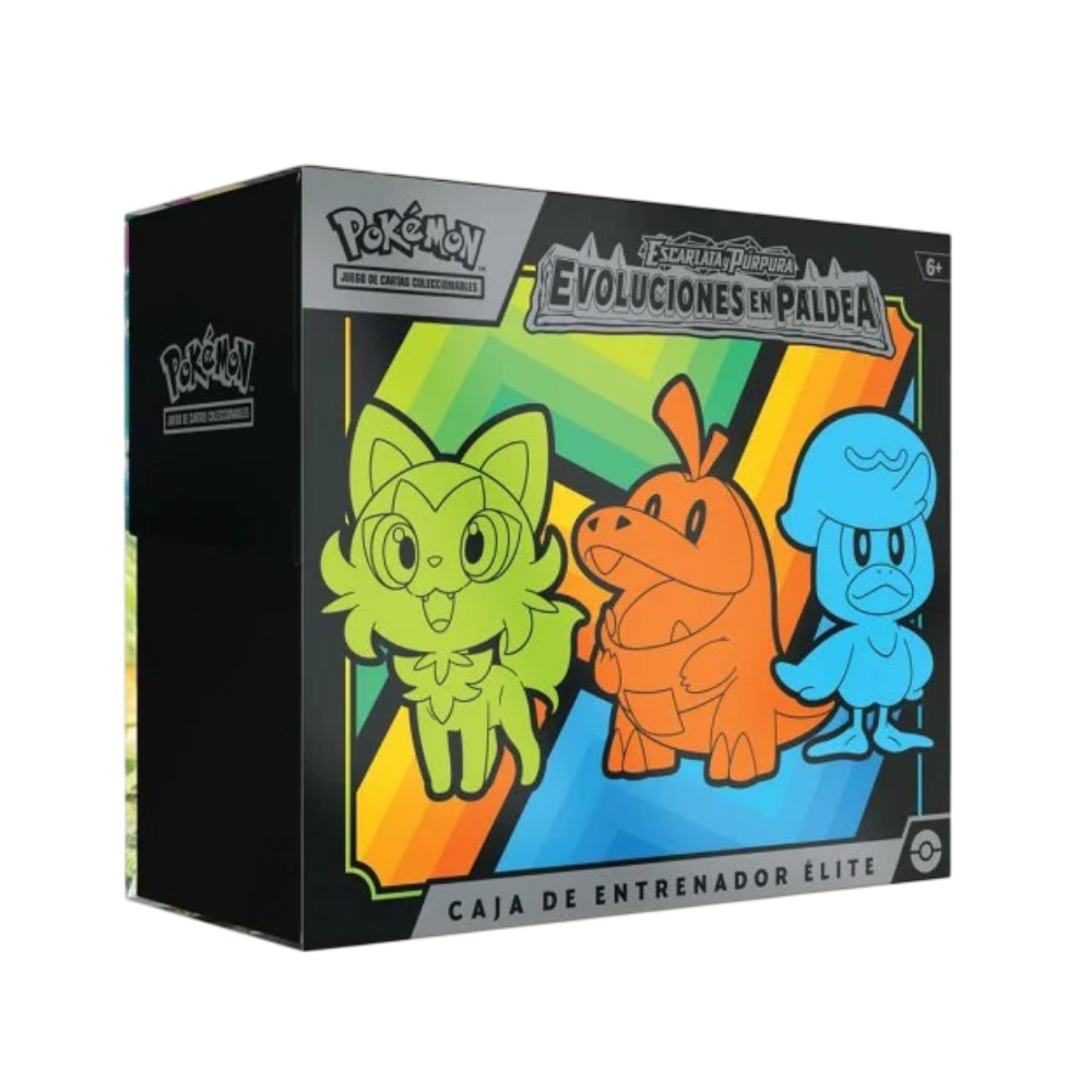 Caja Entrenador de Élite Evoluciones en Paldea SV2 en Español con personajes de Pokémon en colores vibrantes