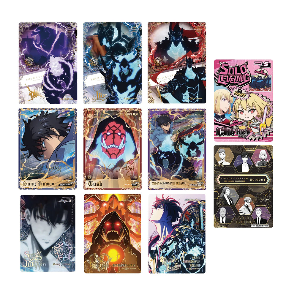 Diez tarjetas coleccionables de Solo Leveling Vol. 2 con arte de personajes y escenas destacadas.