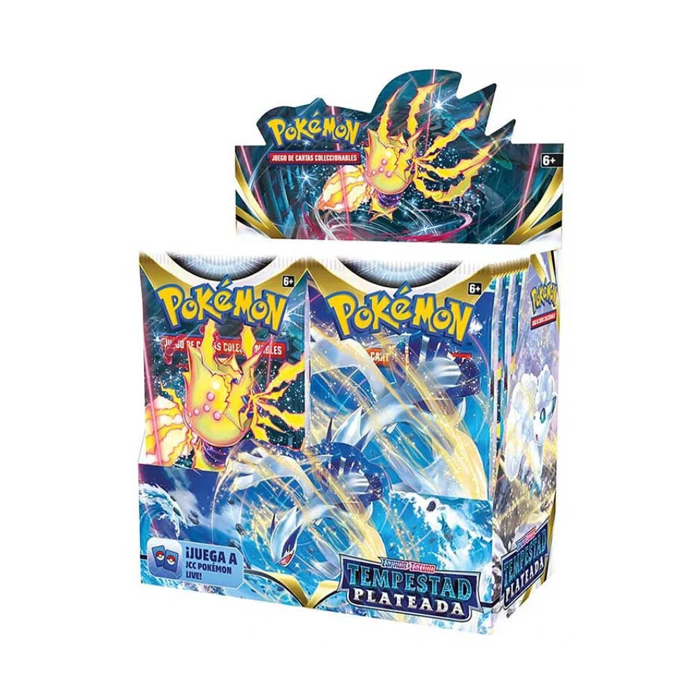 Caja Tempestad Plateada en Español de sobres Pokémon TCG con ilustraciones vibrantes y personajes icónicos