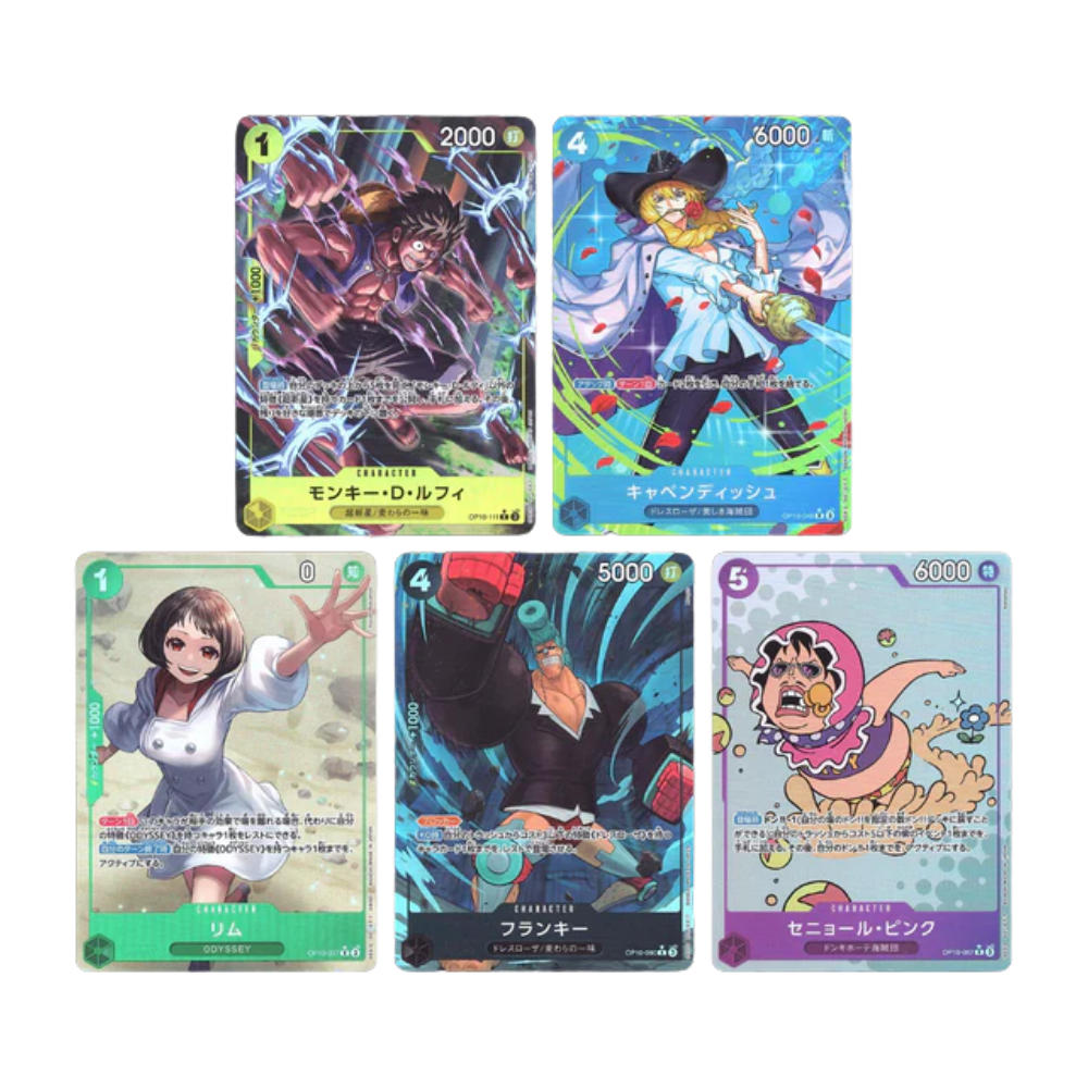 Caja One Piece OP10 Royal Blood Return to DressRosa en Japonés con cinco cartas coleccionables de personajes