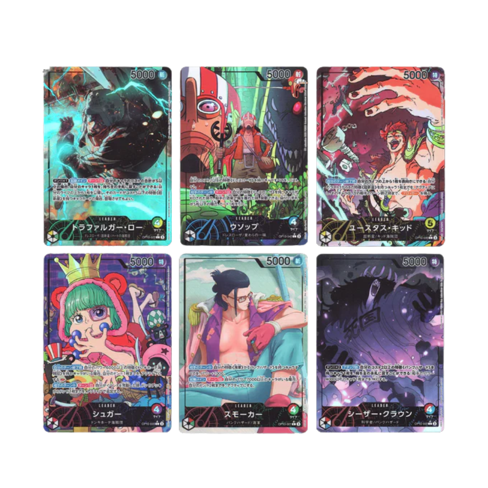 Caja One Piece OP10 Royal Blood Return to DressRosa en Japonés con seis cartas de personajes coleccionables