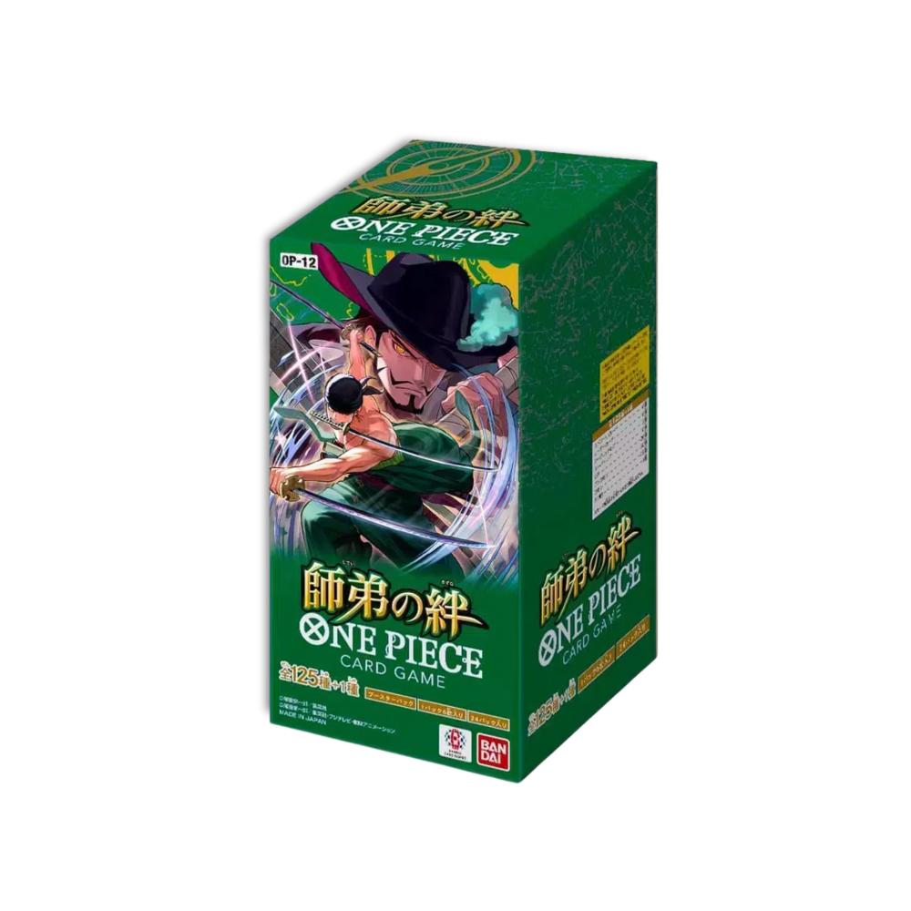 Caja verde del juego de cartas con ilustracion de Zoro, Caja One Piece OP12 Legacy of the Master en Japonés. Metamorph Center