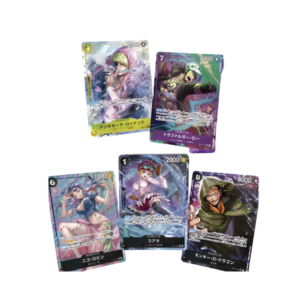 Caja One Piece OP12 Legacy of the Master en Japonés cinco cartas coleccionables de One Piece con personajes