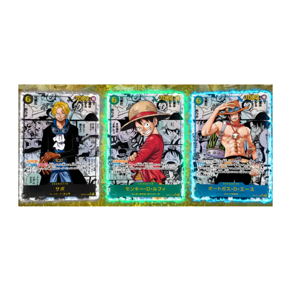 Cartas coleccionables OP-13 Carrying On His Will en Japonés de personajes de anime populares en fondo colorido