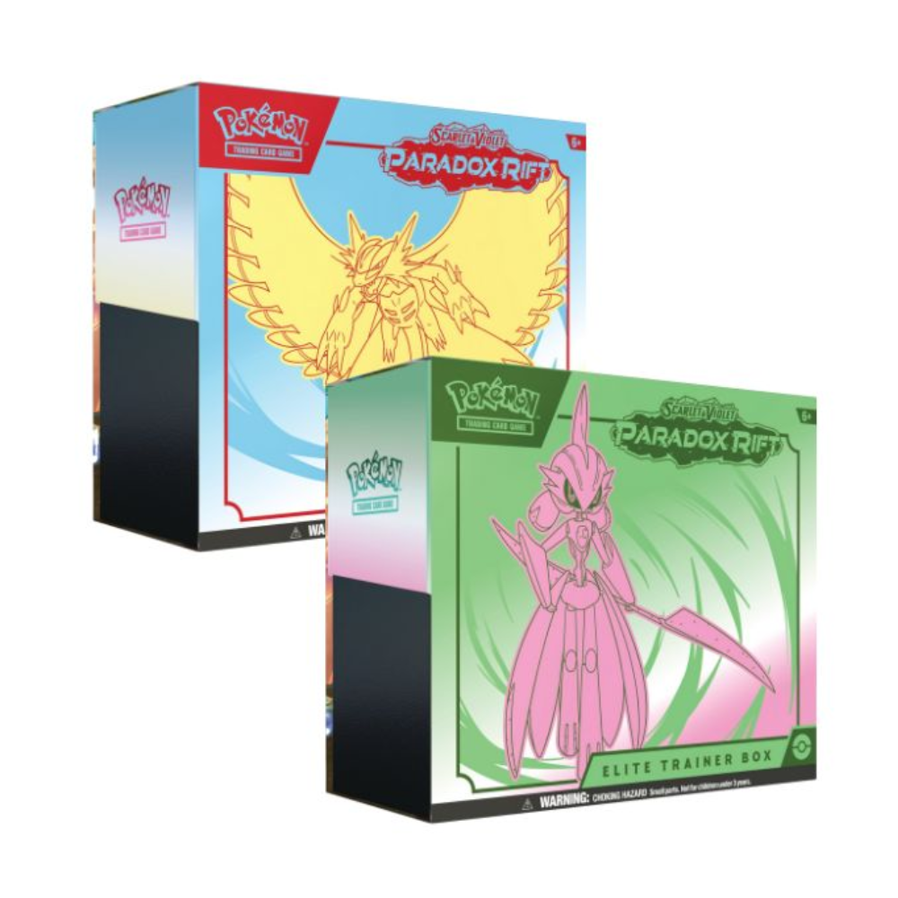 Caja Entrenador de Élite Brecha Paradójica SV4 en Español doble caja Metamorph Center con ilustraciones verdes y azules Pokémon