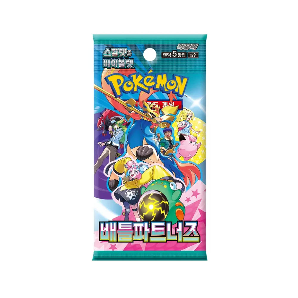 Sobre Battle Partners en Coreano de Pokémon TCG con diseño colorido de personajes icónicos