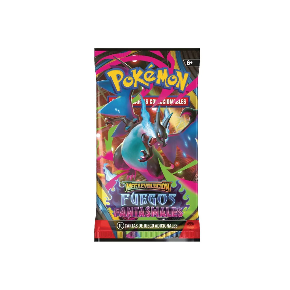 Sobre Fuegos Fantasmales Español de Pokémon TCG con diseño vibrante y Megaevolución