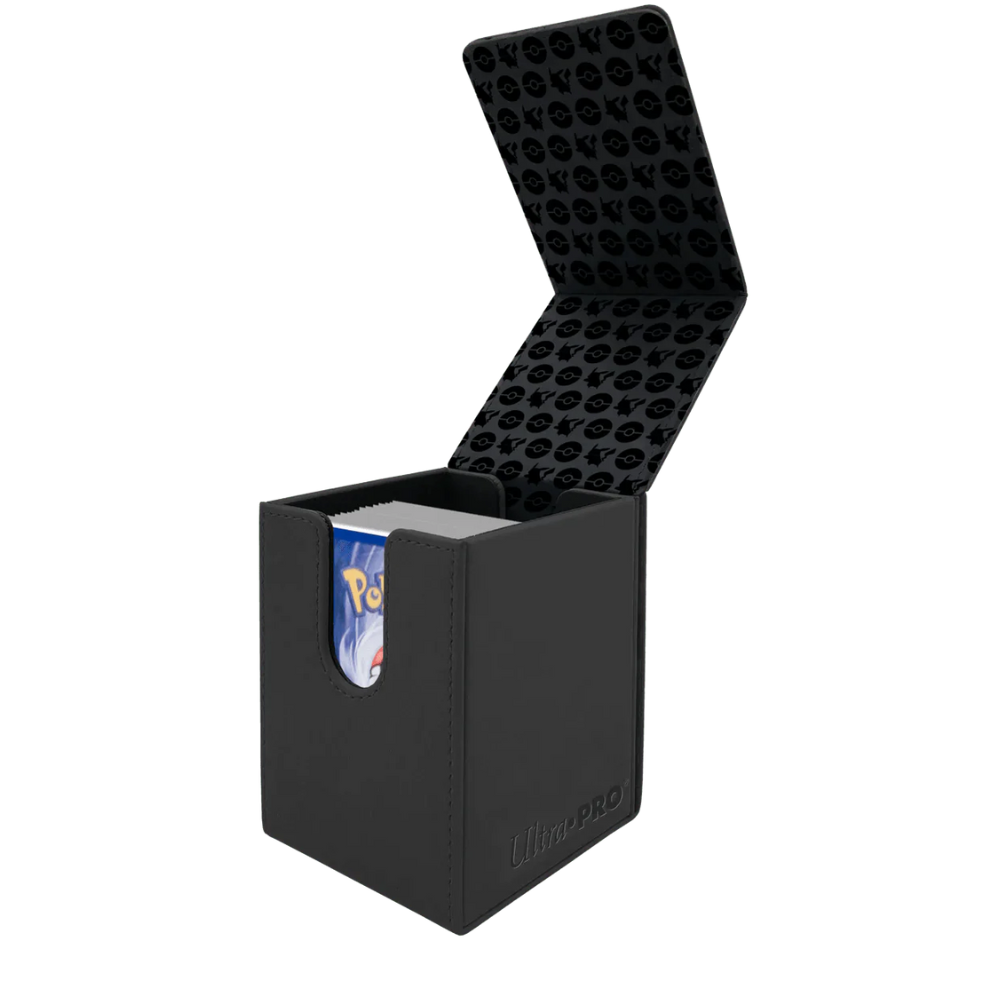 Ultra PRO Alcove Flip Deck Box Elite Series Pikachu – Caja de Mazo Pokémon en negro con tapa abierta