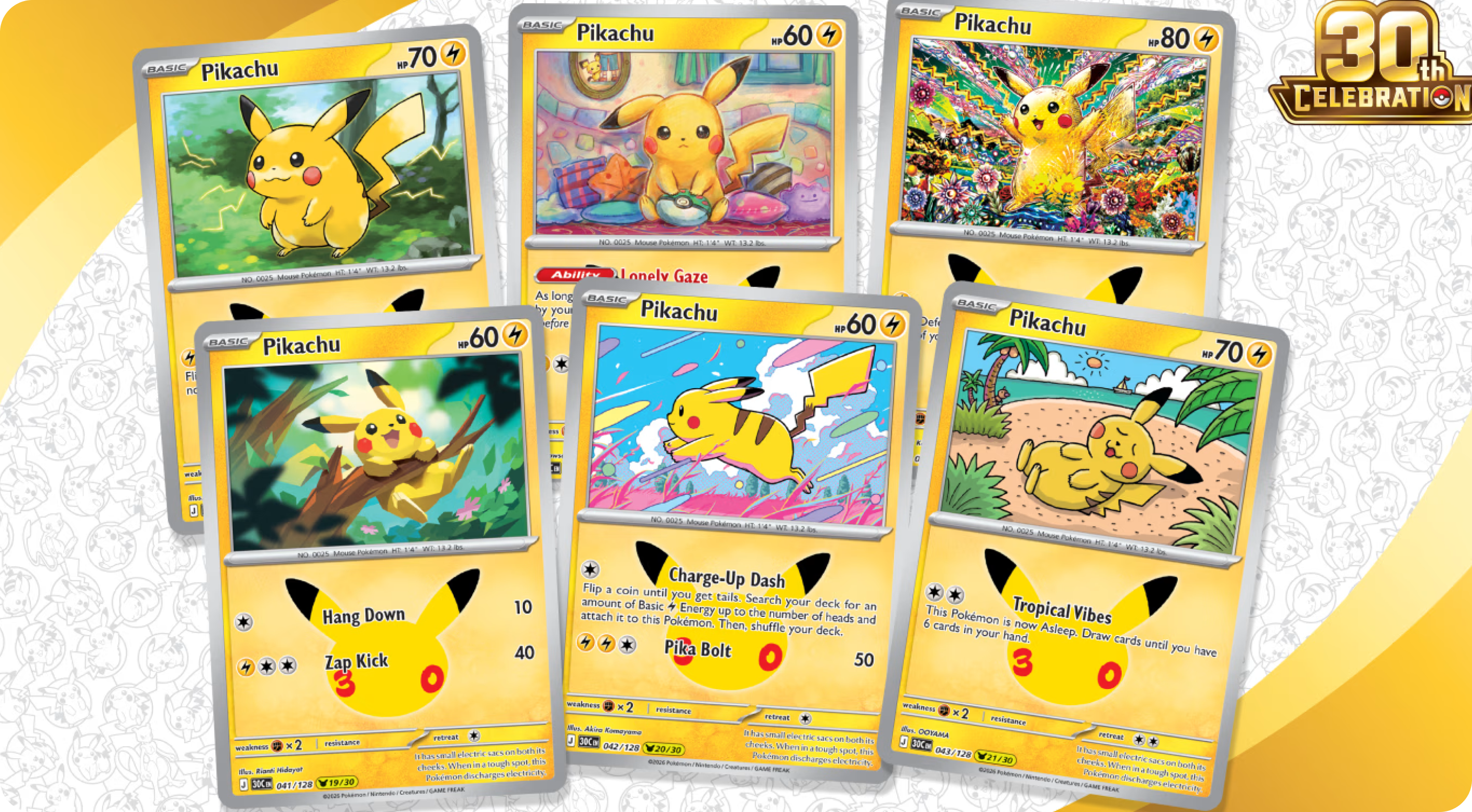 Seis de los 30 Pikachu del set 30th Celebration de Pokémon TCG