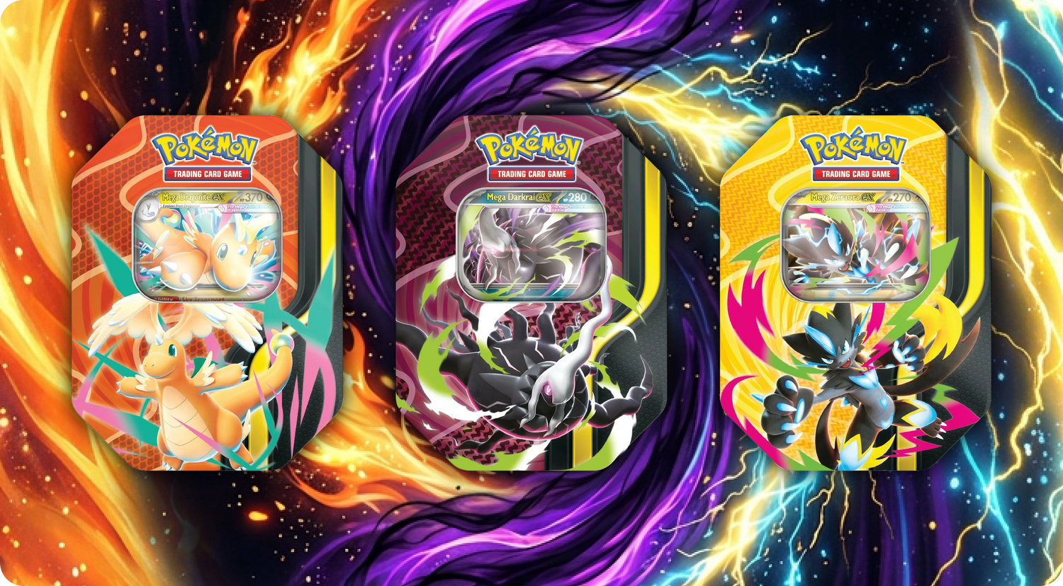 Mega Forces Tins: las latas con Mega Dragonite, Darkrai y Zeraora ex (agosto 2026)