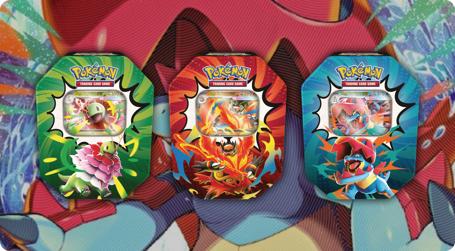 Ascended Heroes Tins: las 3 latas con Mega Meganium, Emboar y Feraligatr ex (agosto 2026)