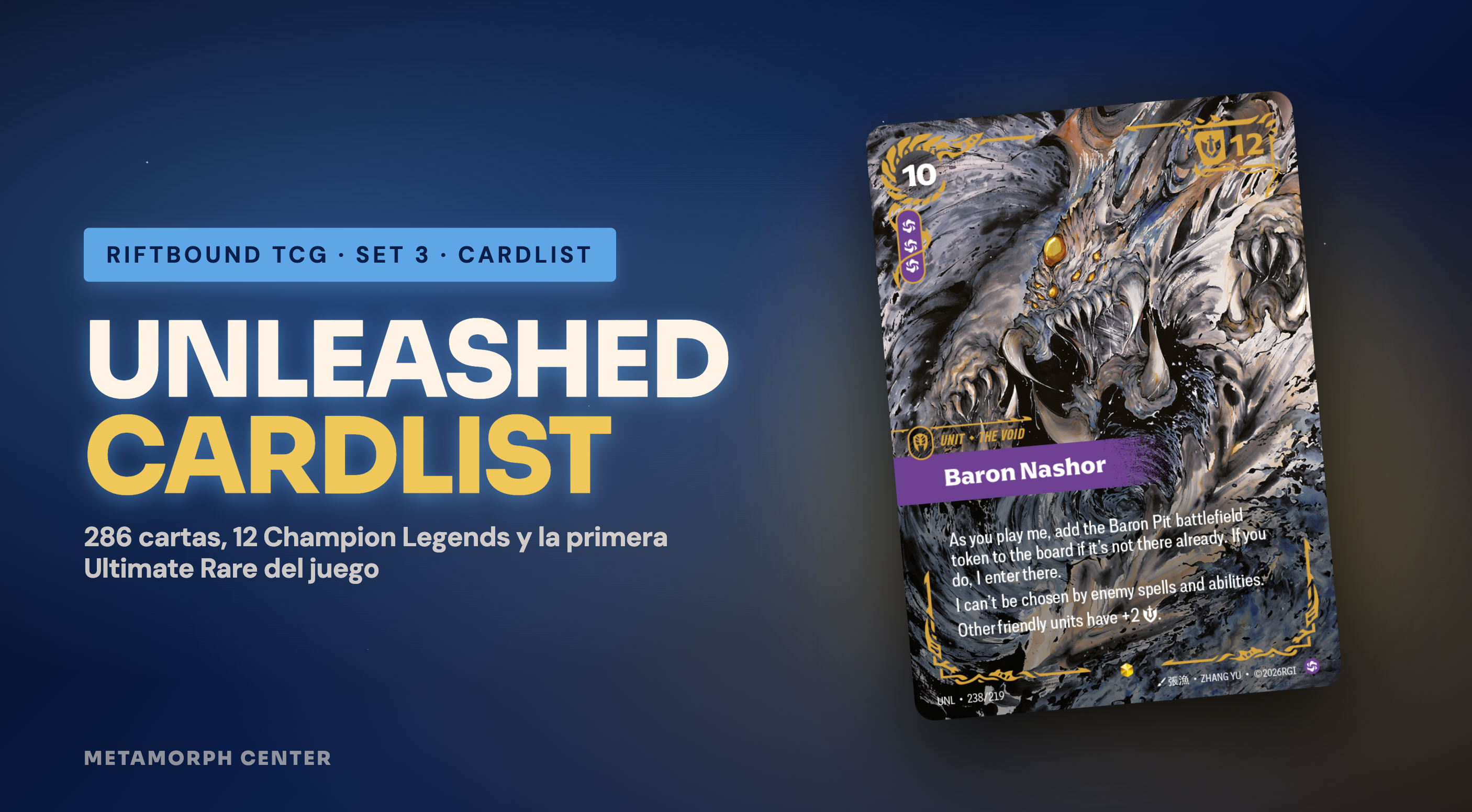 Banner editorial: Riftbound Unleashed: lista de cartas y campeones del Set 3