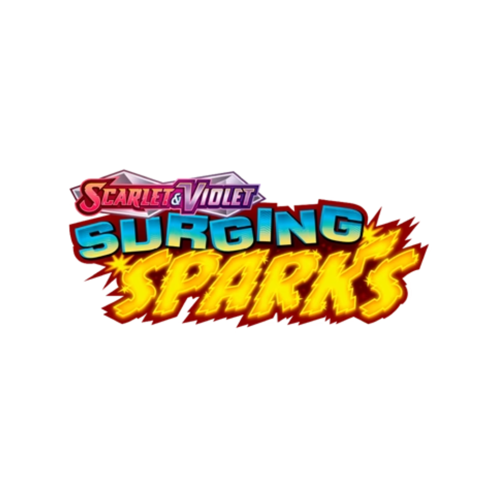 Logotipo de Surging Sparks con estilo vibrante y llamativo de Scarlet y Violet
