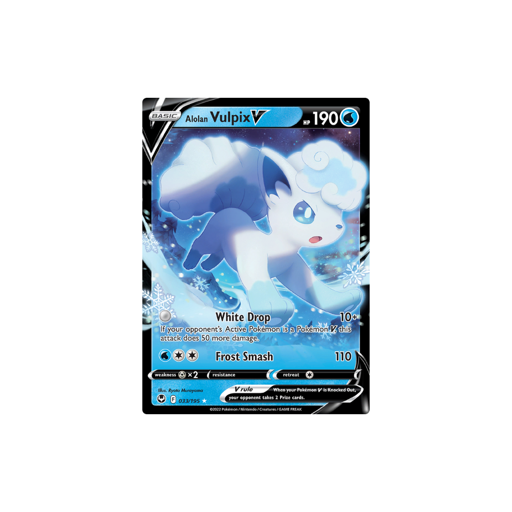 Caja Tempestad Plateada en Español con cartas de Pokémon TCG, incluyendo Alolan Vulpix V