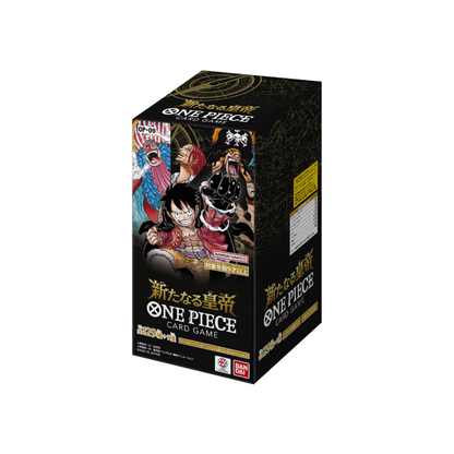 Vista de la Caja One Piece OP09 Four Emperors en Japonés con ilustraciones de personajes y logo del juego de cartas