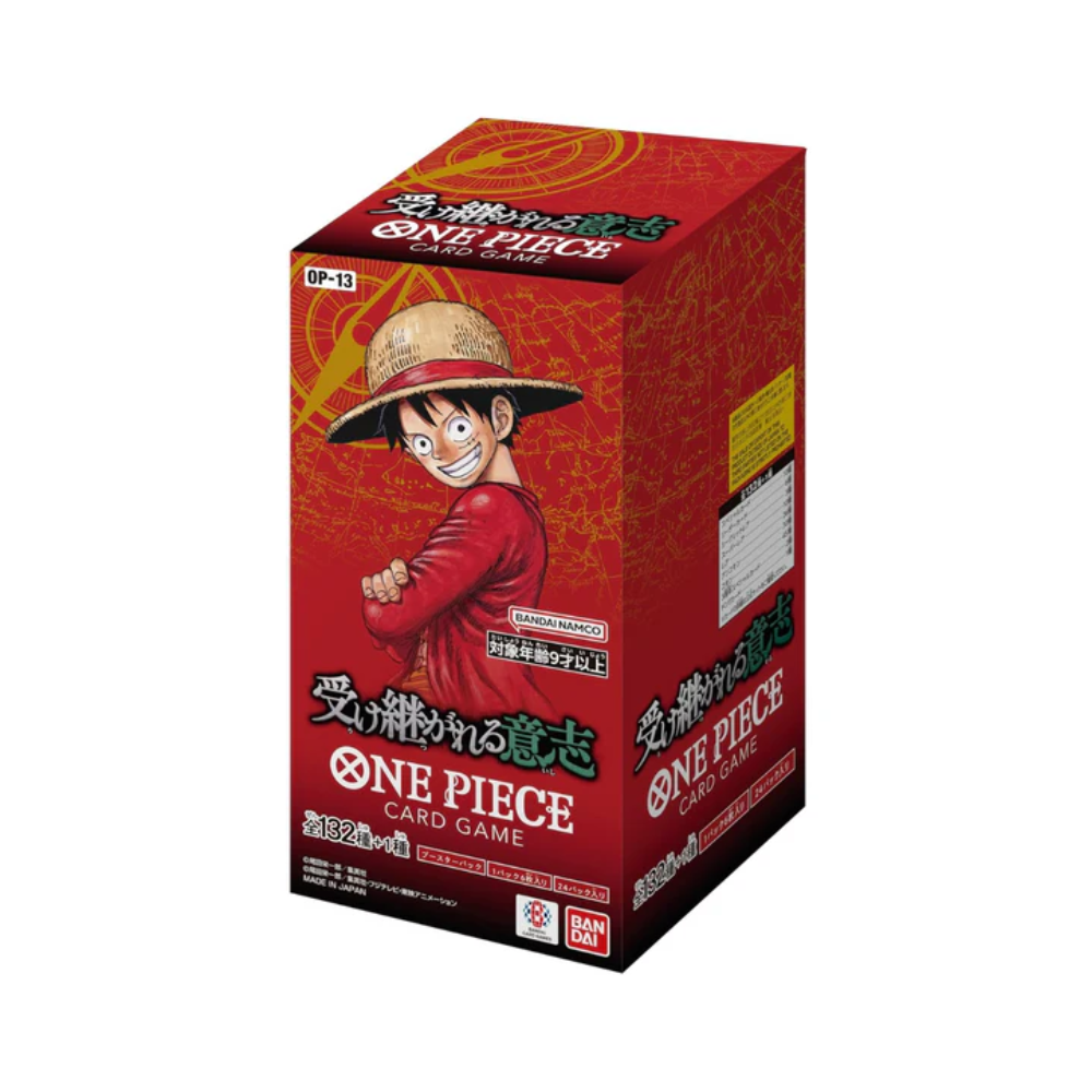 Caja del juego de cartas One Piece OP-13 Carrying On His Will en Japonés con gráficos coloridos de Luffy