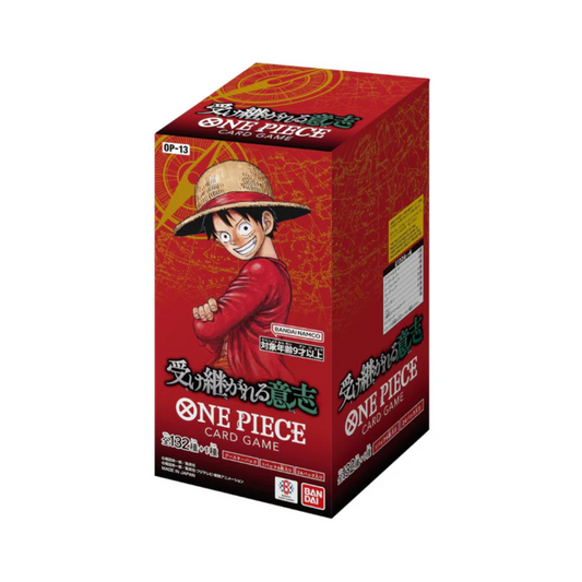 Caja del juego de cartas One Piece OP-13 Carrying On His Will en Japonés con gráficos coloridos de Luffy