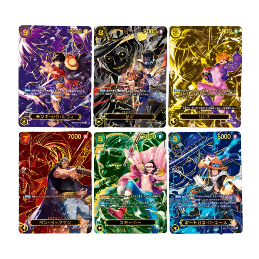 Cartas de colección OP-13 Carrying On His Will en Japonés con personajes coloridos y diseños vibrantes