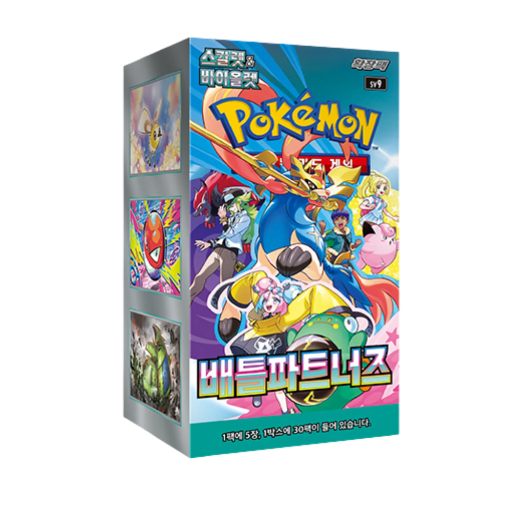 Caja de sobres Pokémon TCG con arte colorido y el título aBattle Partners en Coreano