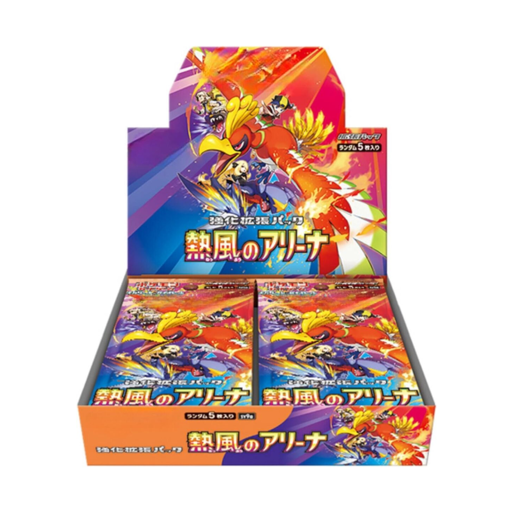 Expositor de caja de sobres Pokémon TCG Caja Heat Wave Arena en Japonés por Metamorph Center con diseño rojo y dorado