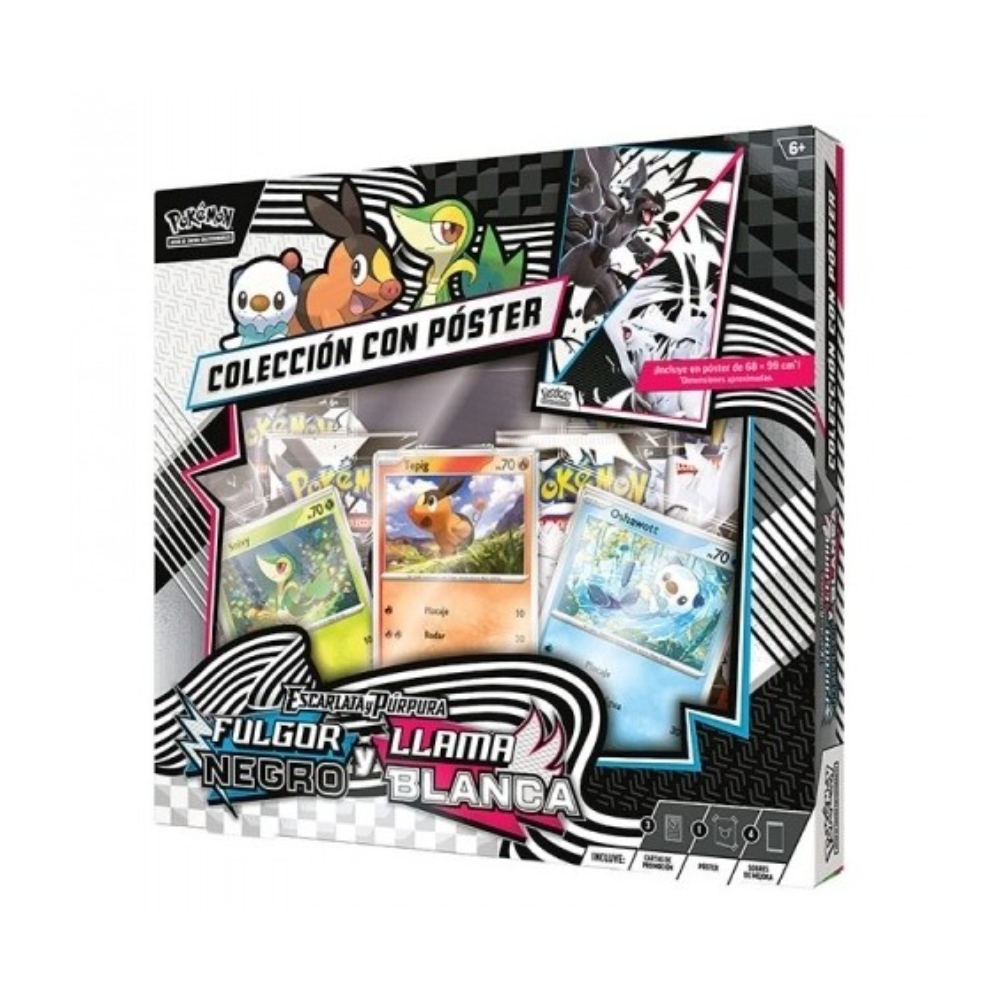 Caja Pokémon TCG con sobres y Colección con Póster Fulgor Negro y Llama Blanca en Español.