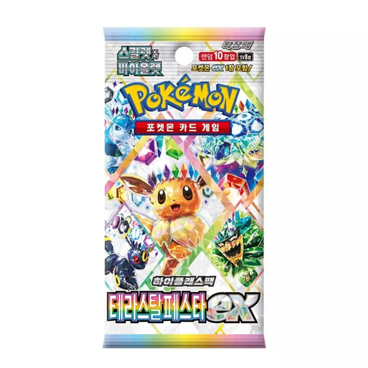 Sobre Terastal Festival EX Japonés de Pokémon TCG con diseño colorido y personaje Eevee en primer plano