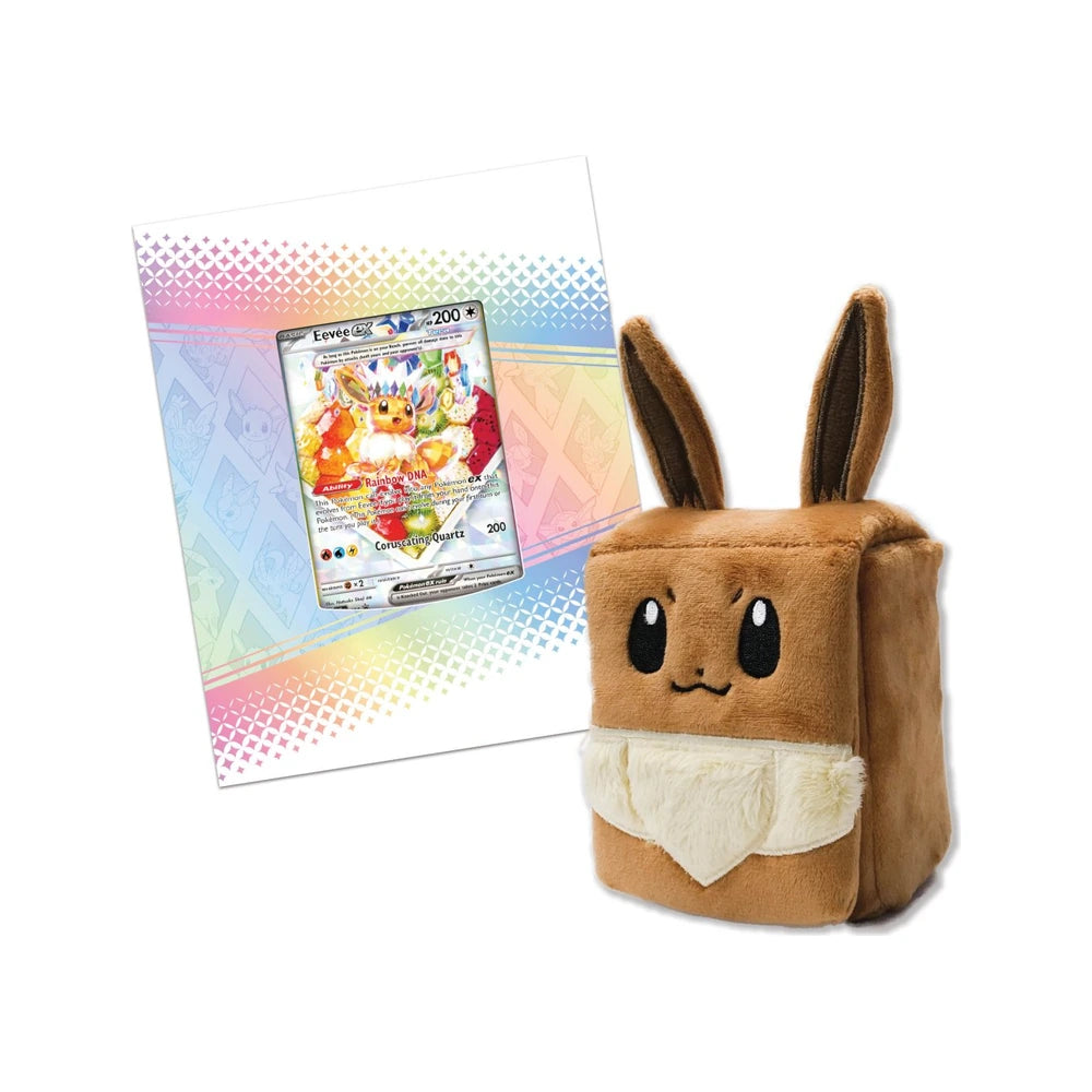 Promo full-art de Eevee ex SVP 174 y deck box de peluche de Eevee
